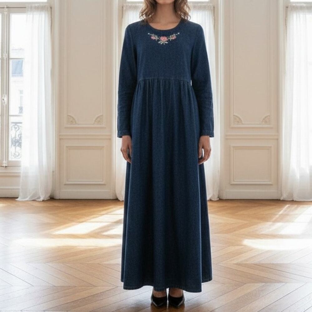 Vintage Blue Denim Donna Embroidered Long Sleeve Maxi  Dress One Size